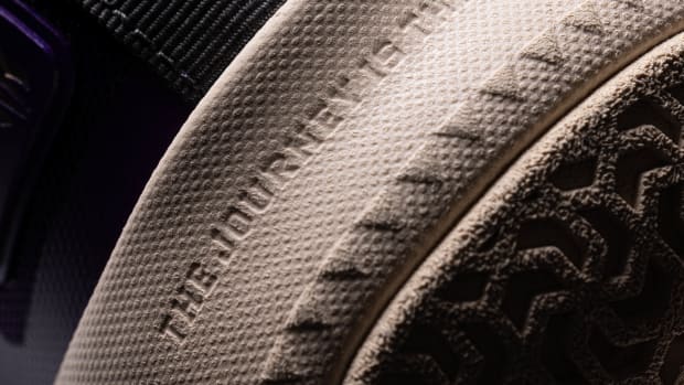The heel of Kyrie Irving's purple and red ANTA shoe.